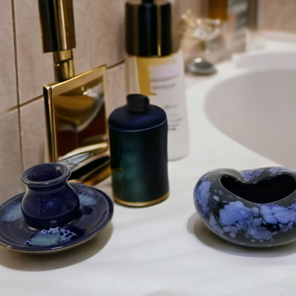 Cobalt Blue & Black Ashtray & Candle Holder Pottery Set By Ewenny Webb Wales
